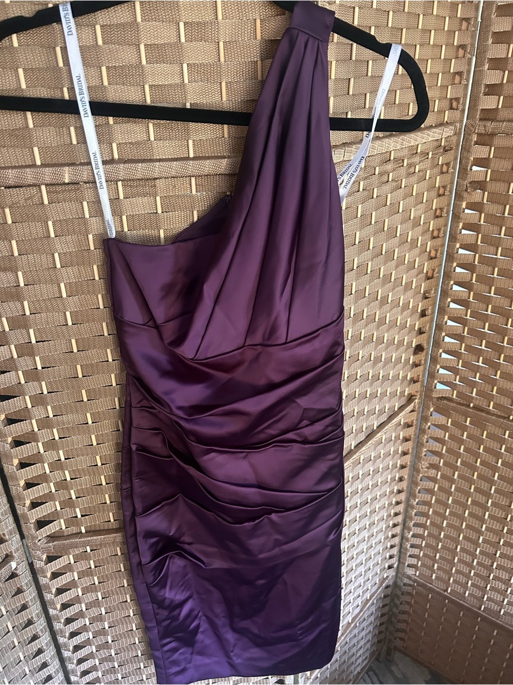 David's Bridal One-Shoulder Plum Satin Dress